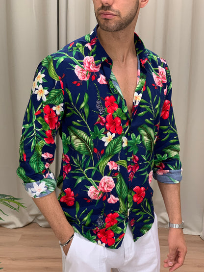 Camicia Party Flowers in Viscosa con Fantasia col. Blu