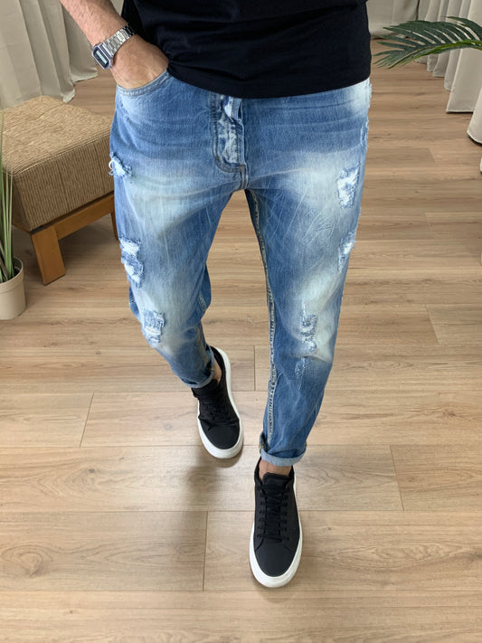 Jeans Swash con rotture e punti di Vernice col. Denim