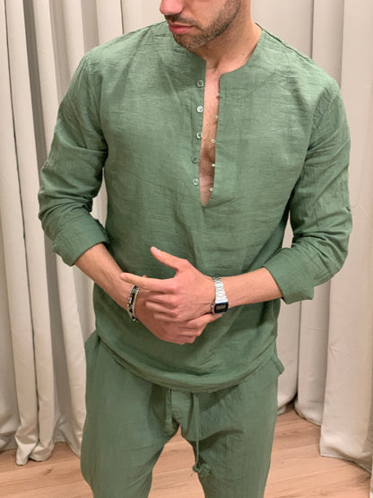 Completo Marrakech in Puro Lino Pantalone + Camicia col. Verde Militare