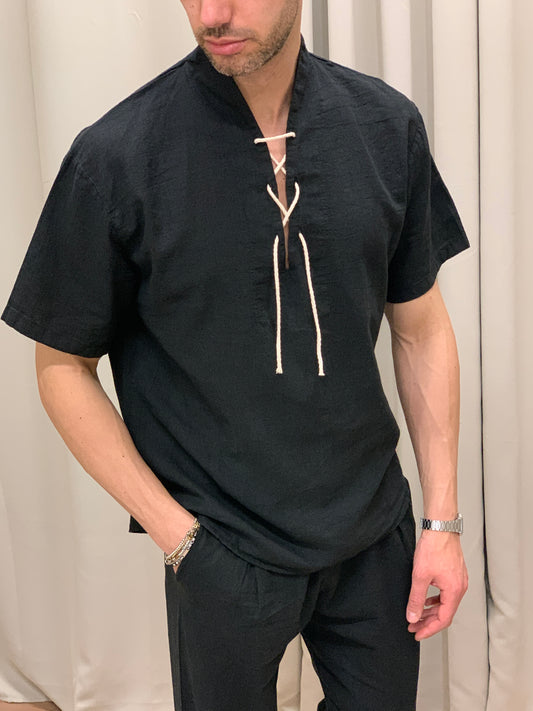 Completo in Lino con Lacci in Corda Pantalone + Camicia col. Nero