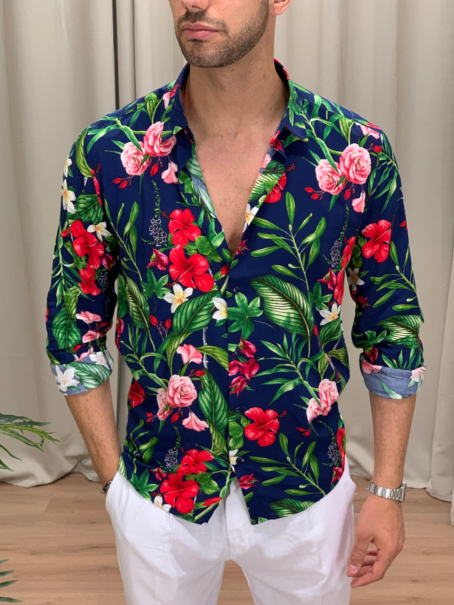 Camicia Party Flowers in Viscosa con Fantasia col. Blu