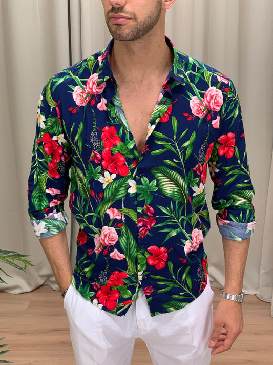 Camicia Party Flowers in Viscosa con Fantasia col. Blu