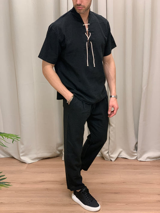 Completo in Lino con Lacci in Corda Pantalone + Camicia col. Nero