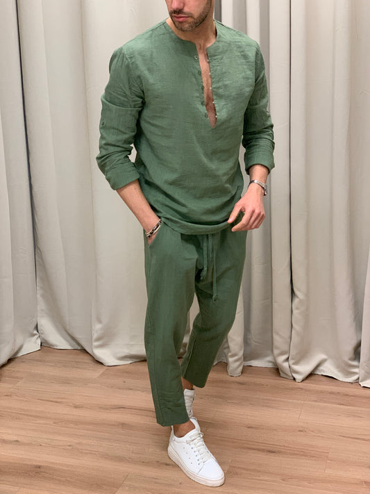 Completo Marrakech in Puro Lino Pantalone + Camicia col. Verde Militare