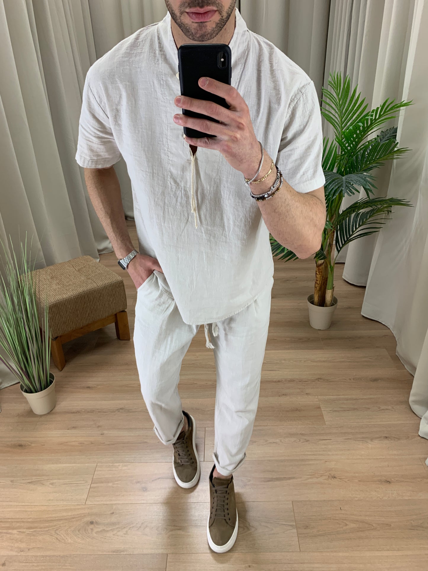 Completo in Lino con Lacci in Corda Pantalone + Camicia col. Avorio
