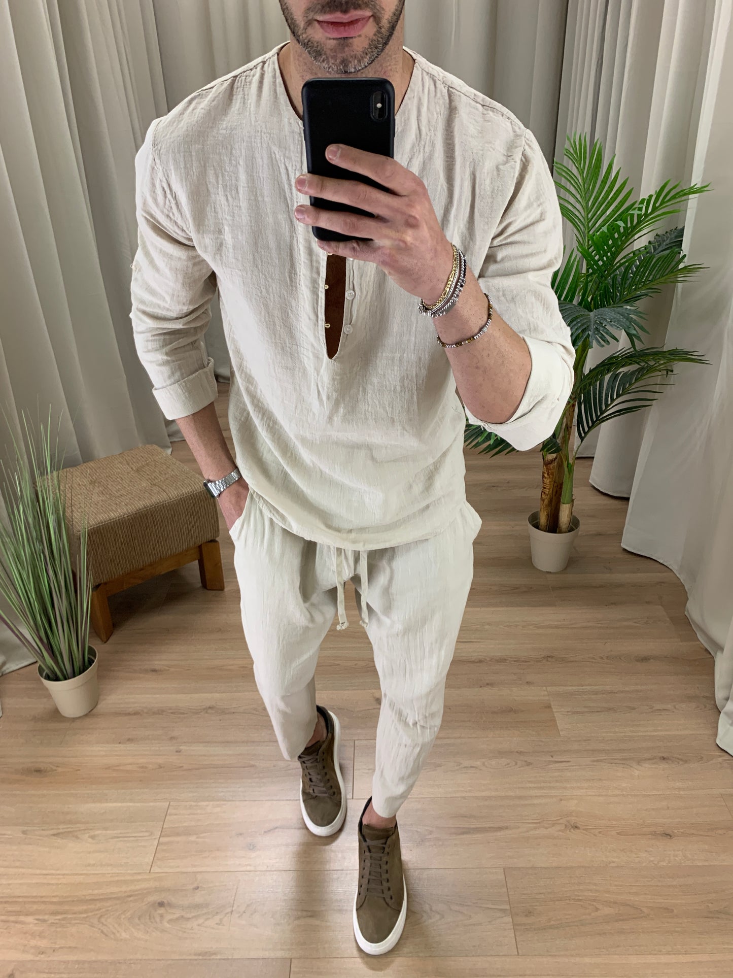 Completo Marrakech in Puro Lino Pantalone + Camicia col. Beige