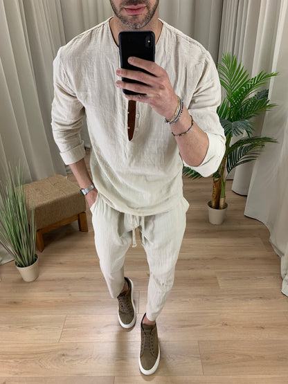 Completo Marrakech in Puro Lino Pantalone + Camicia col. Beige
