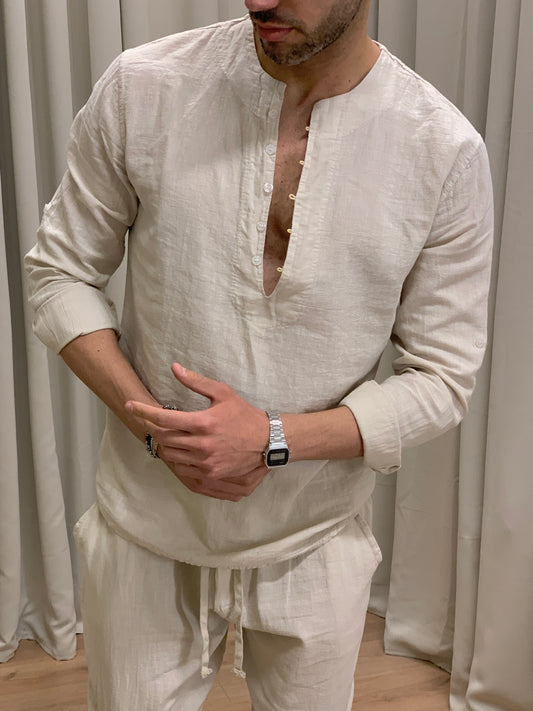 Completo Marrakech in Puro Lino Pantalone + Camicia col. Beige