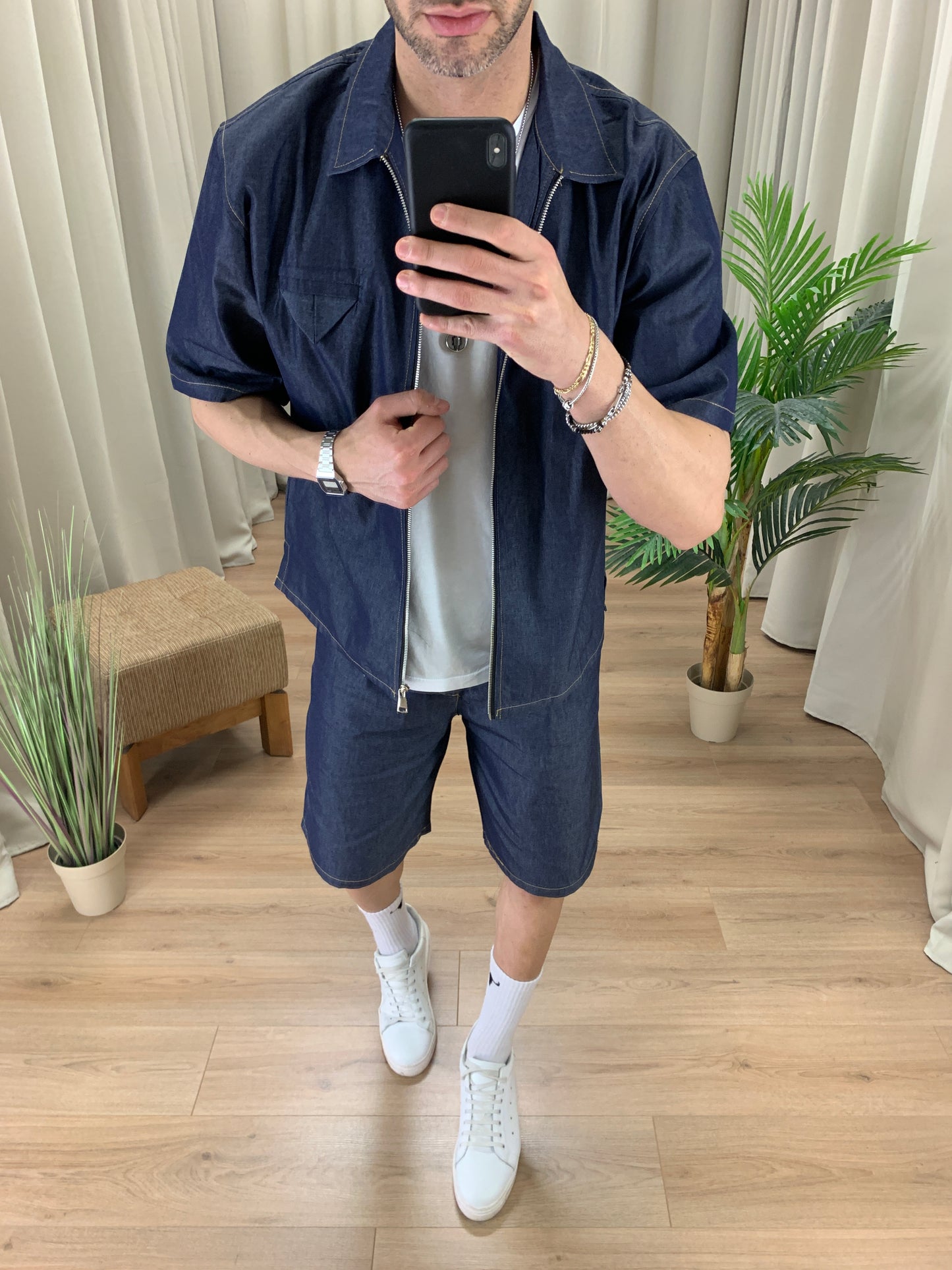 Completo Camicia con Zip e Taschino + Bermuda col. Denim