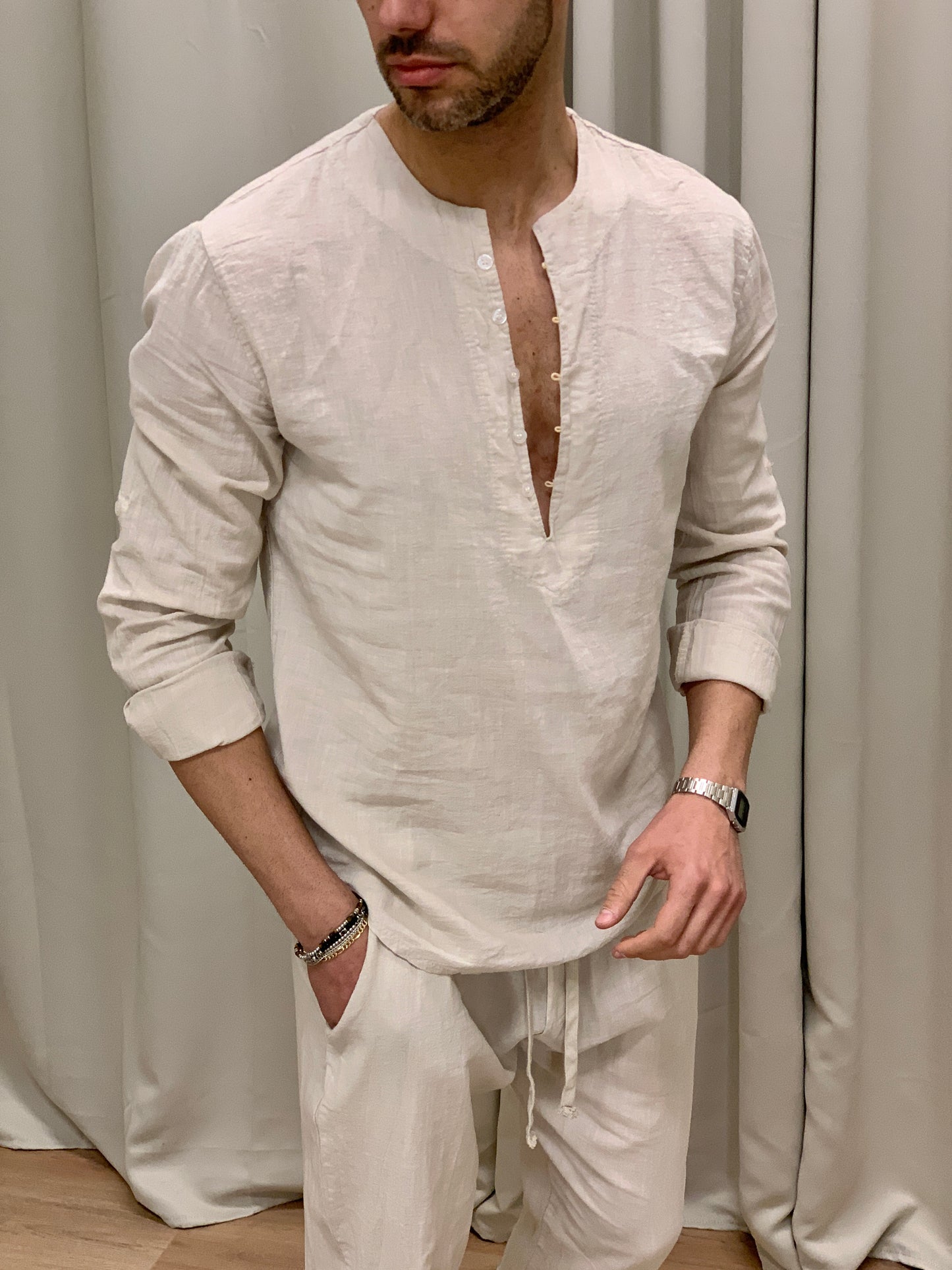 Completo Marrakech in Puro Lino Pantalone + Camicia col. Beige