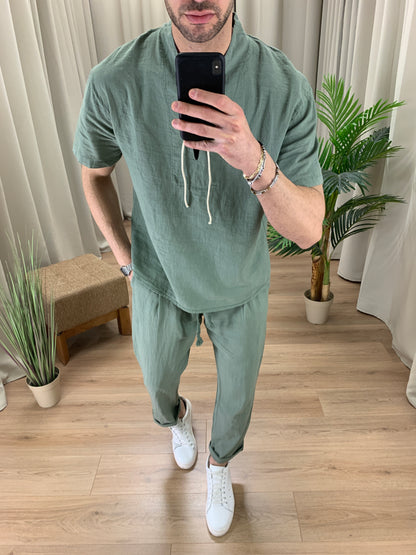 Completo in Lino con Lacci in Corda Pantalone + Camicia col. Salvia