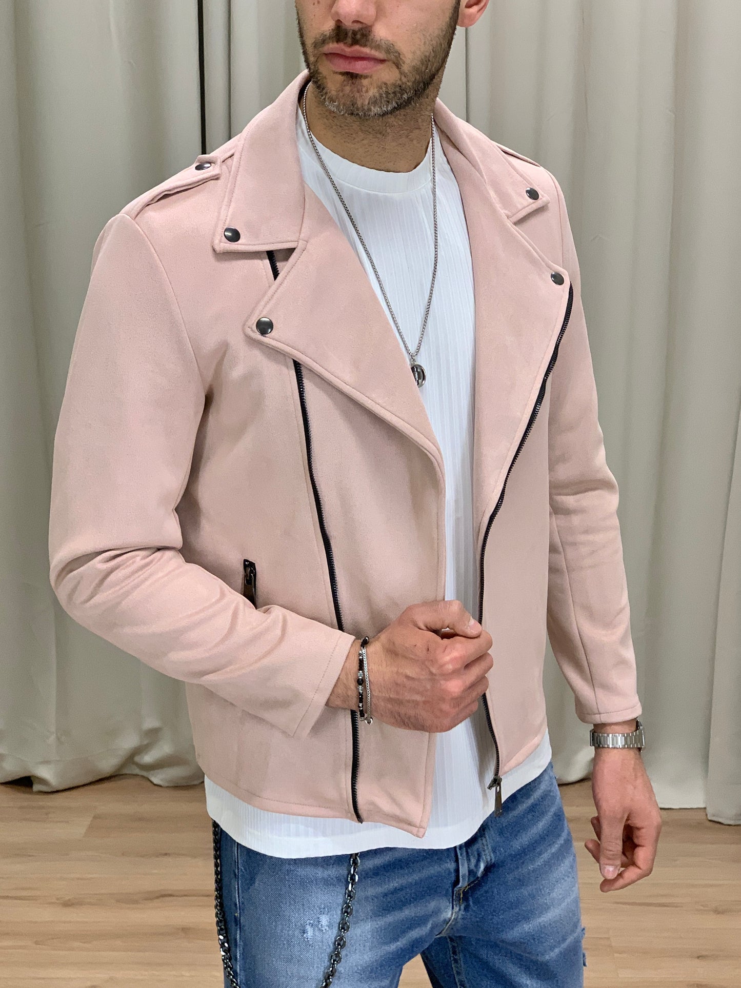 Chiodo scamosciato con Zip a contrasto col. Rosa