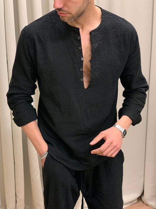 Completo Marrakech in Puro Lino Pantalone + Camicia col. Nero