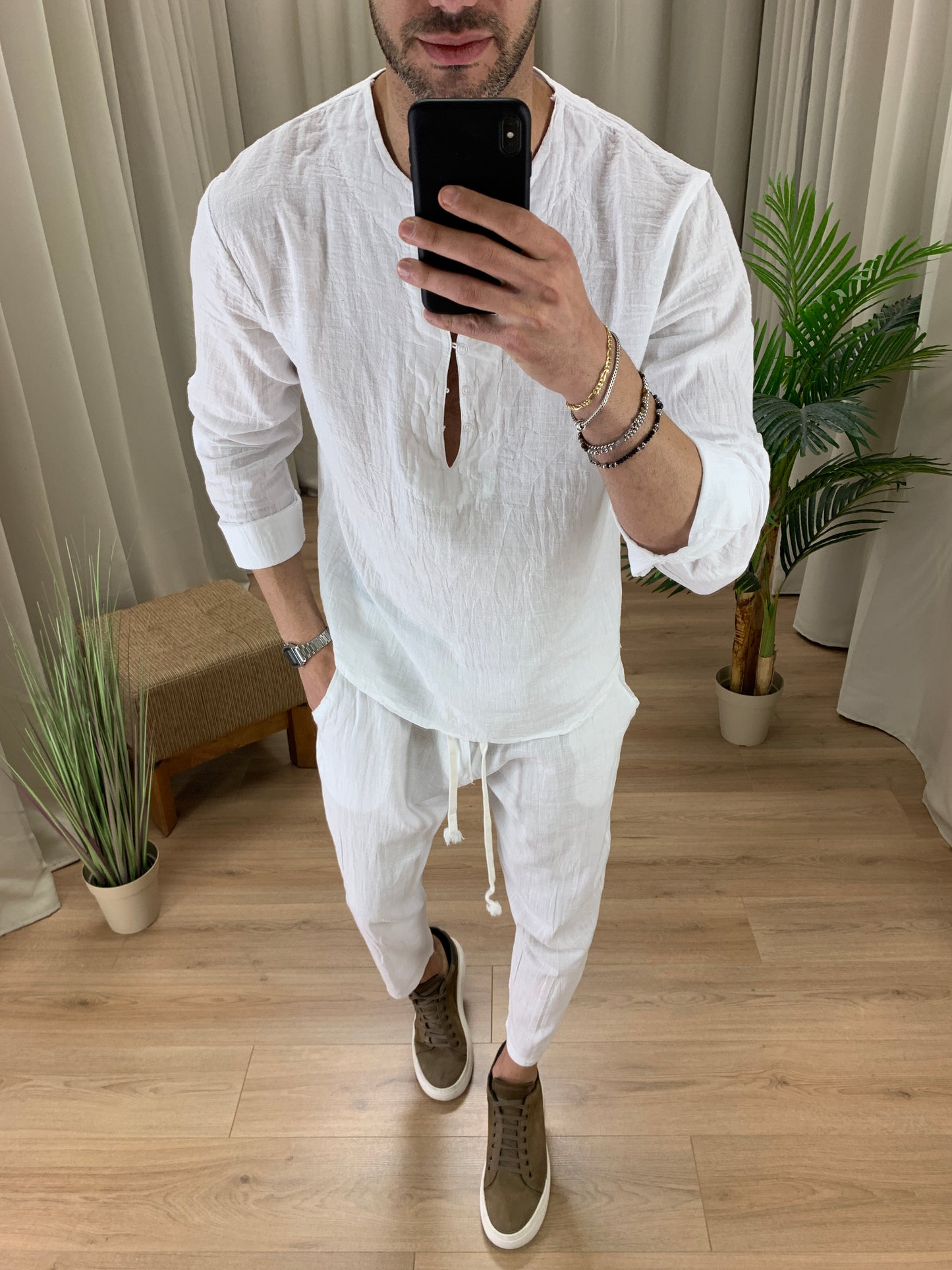 Completo Marrakech in Puro Lino Pantalone + Camicia col. Bianco