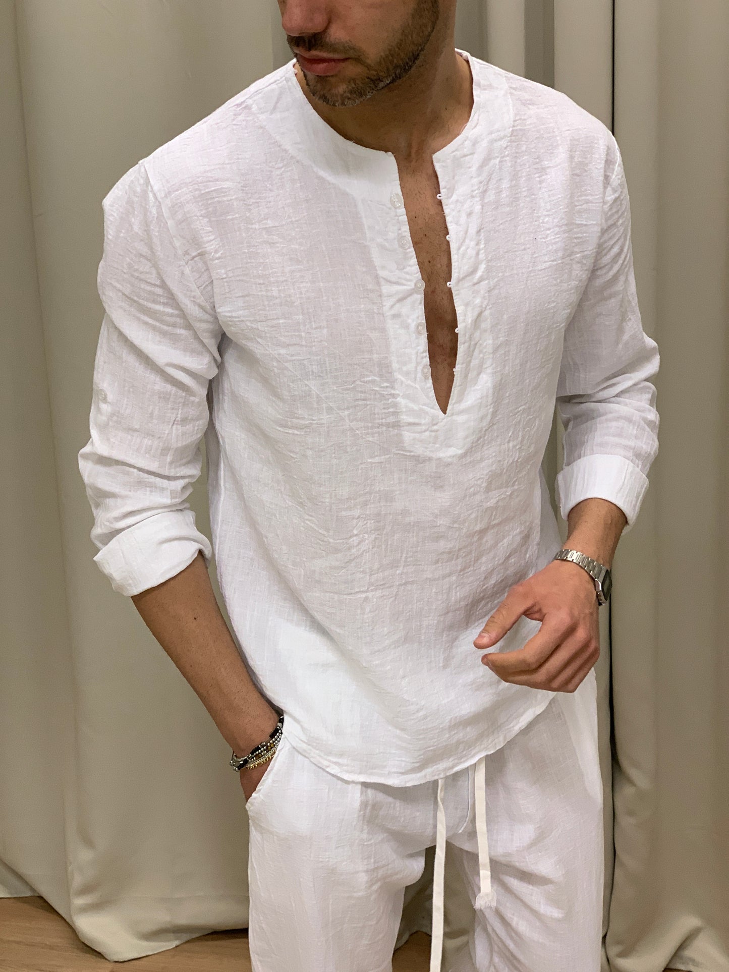 Completo Marrakech in Puro Lino Pantalone + Camicia col. Bianco