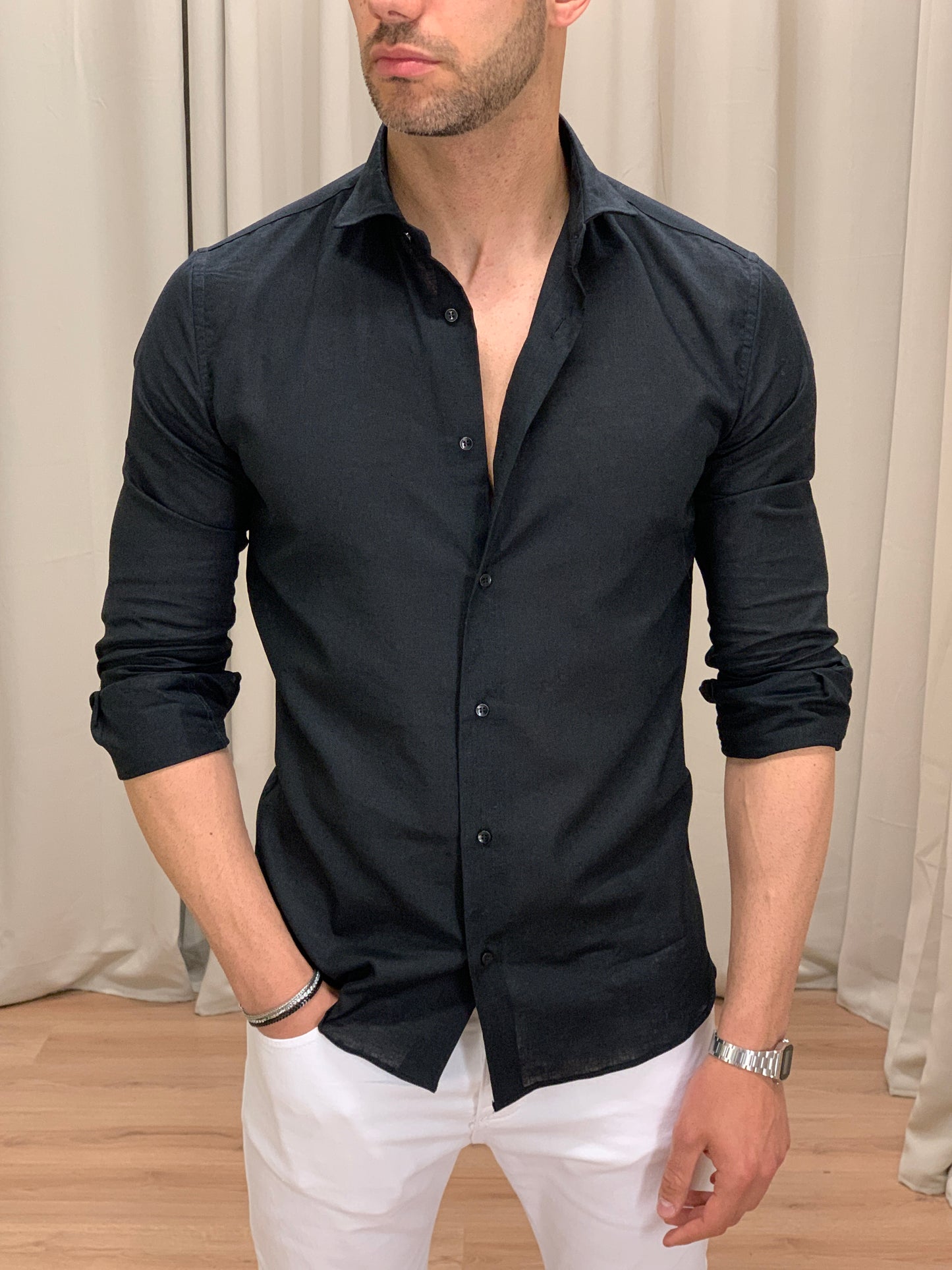 Camicia Formentera in Lino collo classico col. Nero