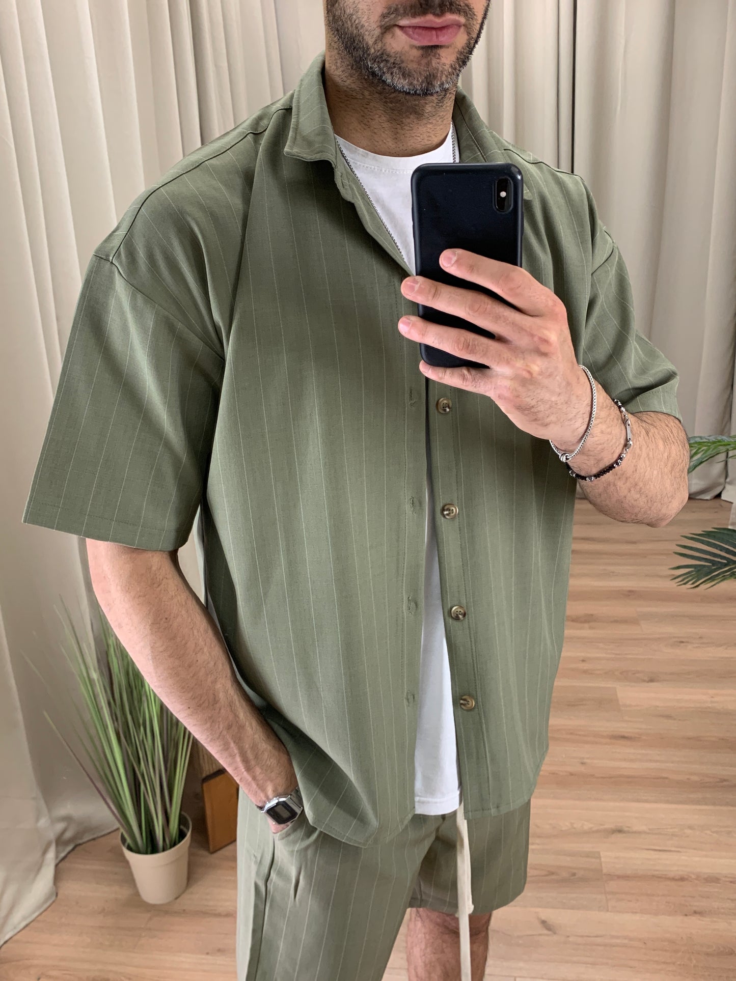 Completo Marvin Gessato Bermuda + Camicia col. Verde Militare