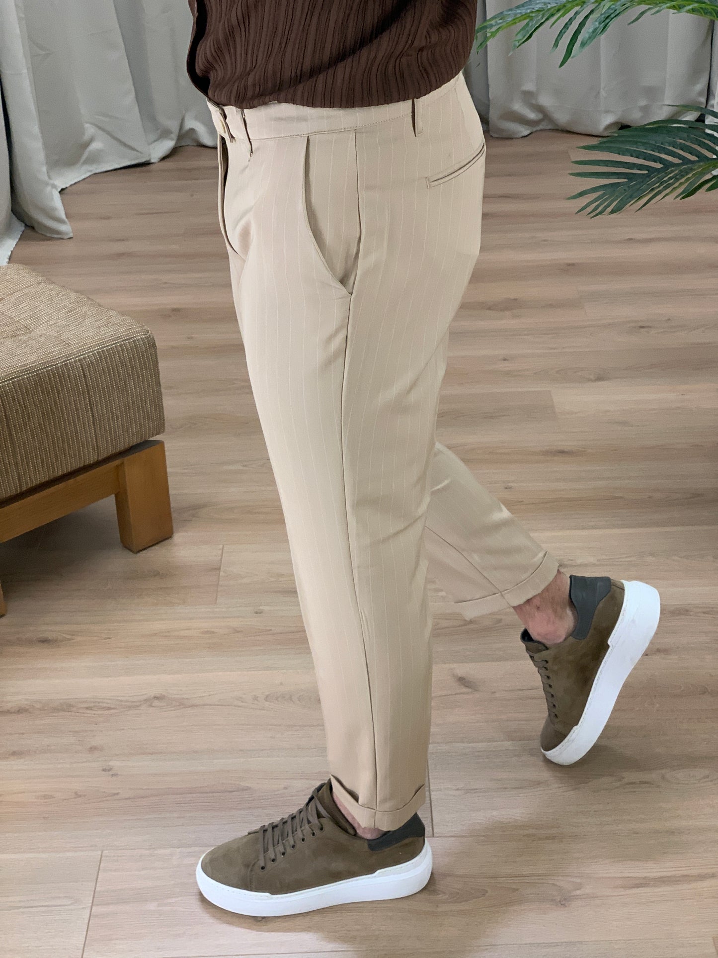 Pantalone Varsavia Gessato con risvolto col. Beige