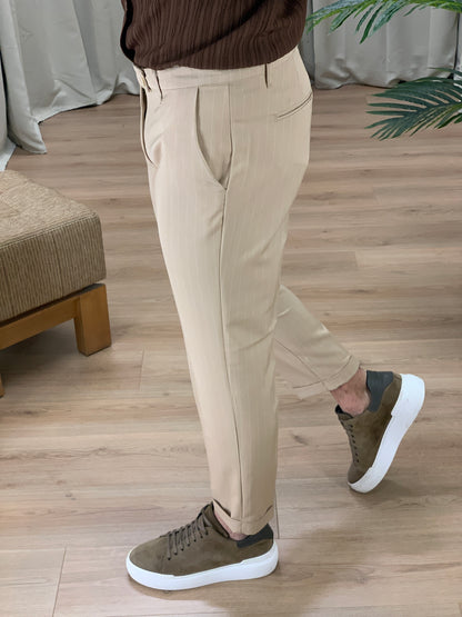 Pantalone Varsavia Gessato con risvolto col. Beige