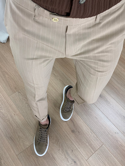 Pantalone Varsavia Gessato con risvolto col. Beige