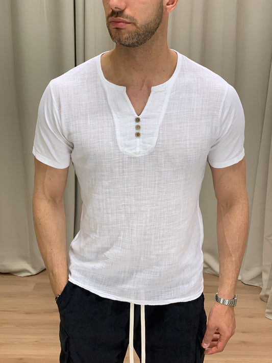 T-shirt Serafino con Bottoni in Legno col. Bianco