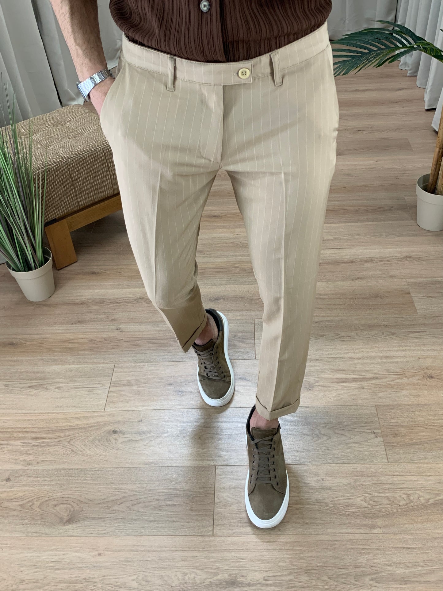 Pantalone Varsavia Gessato con risvolto col. Beige