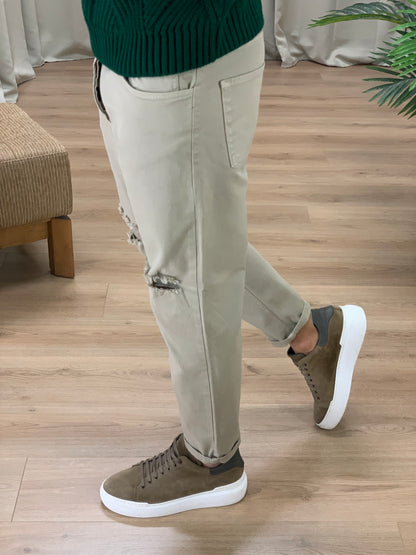 Jeans Sinergy con Tagli al Ginocchio Regular Slim col. Beige