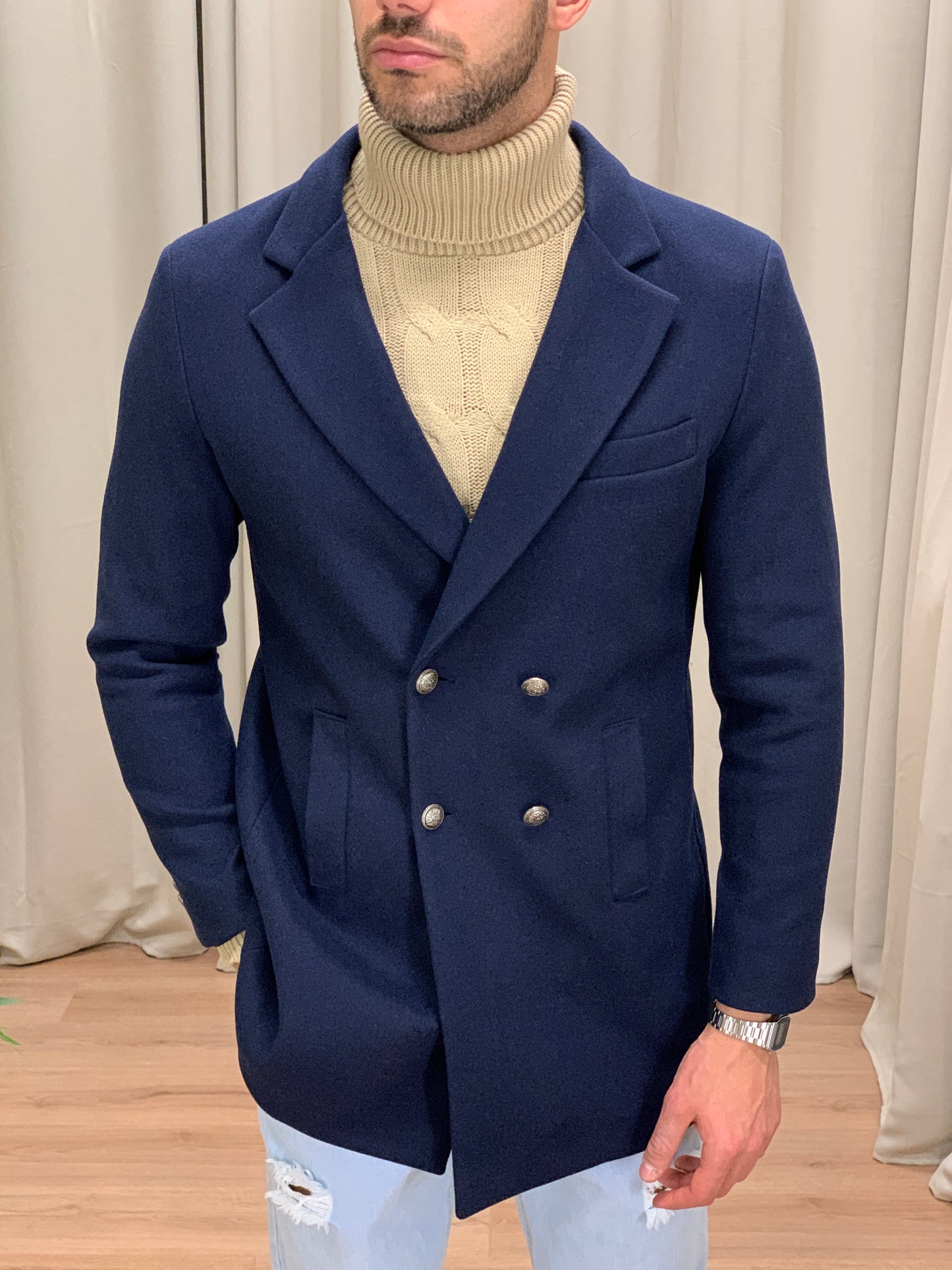 Cappotto Kavon doppiopetto con Bottoni col. Blu