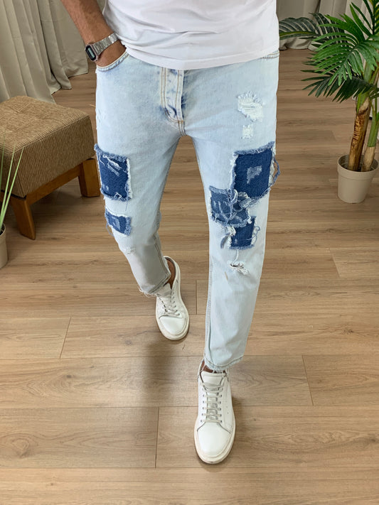 Jeans Boomber con Toppe a Contrasto e in Rilievo col. Denim