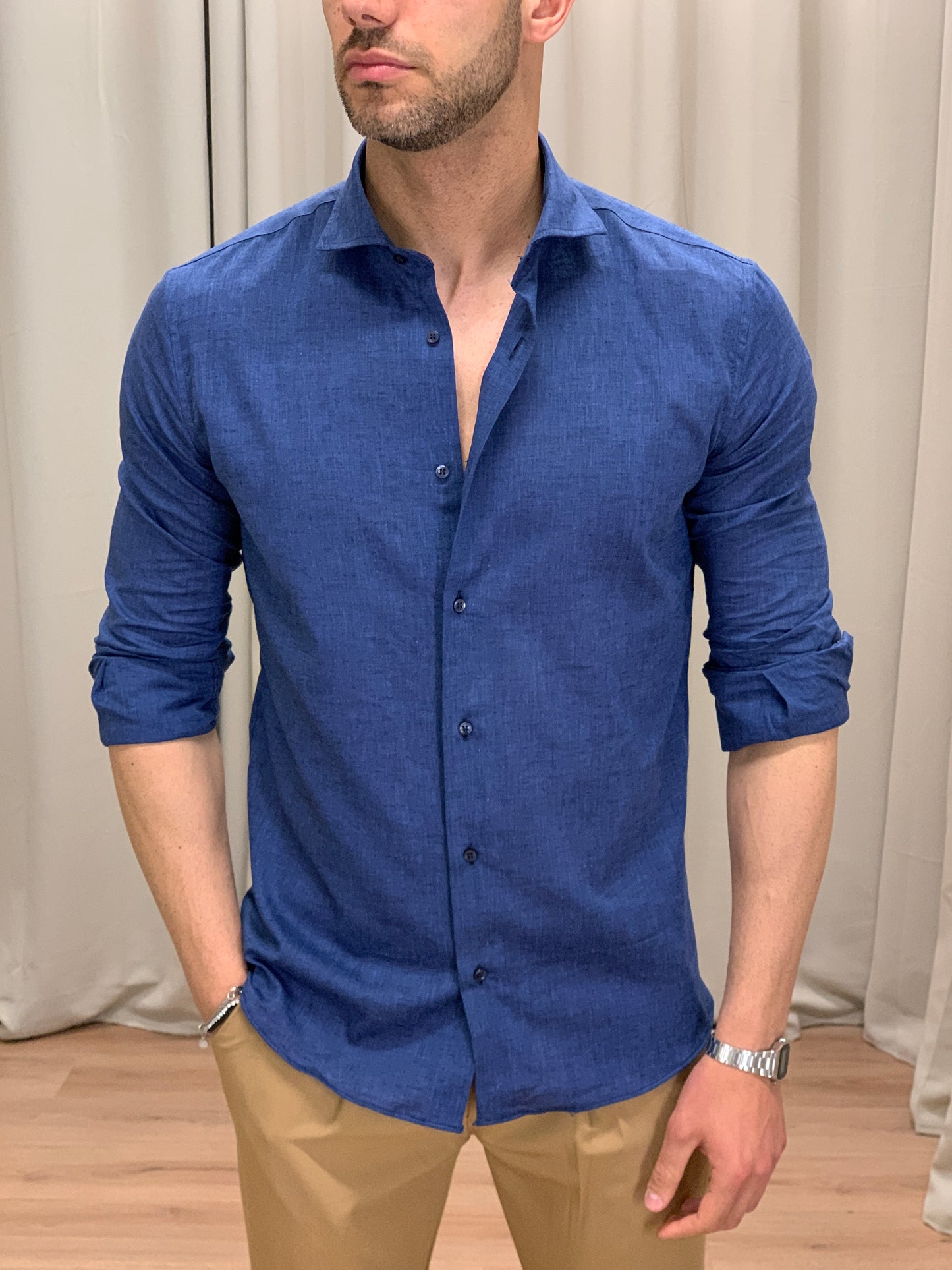 Camicia Capri in Lino collo classico col. Blu