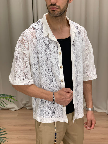 Camicia Traforata Over in Cotone col. Panna