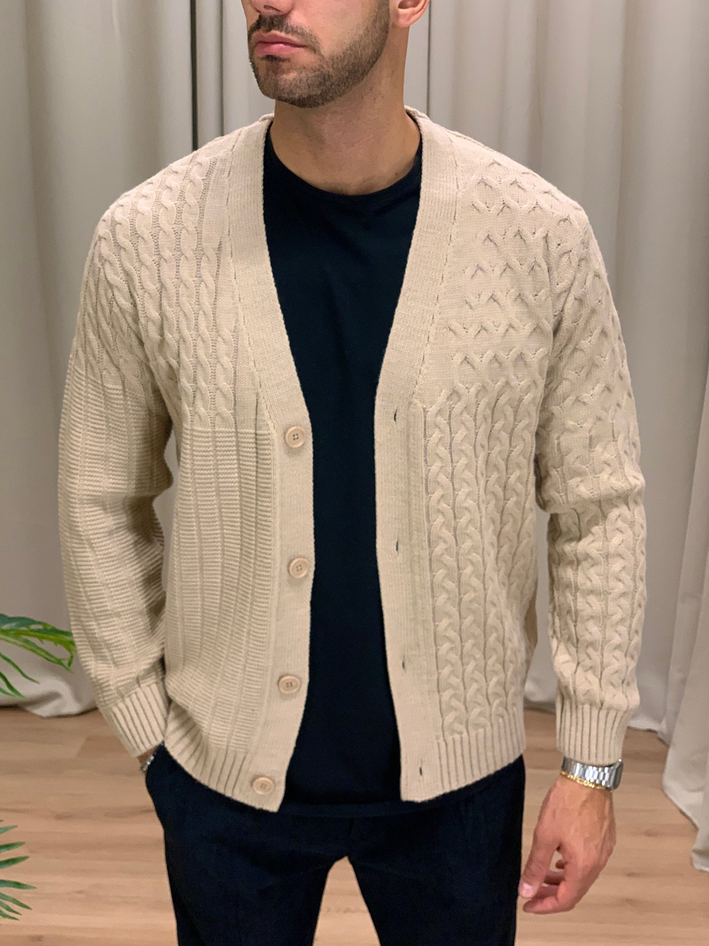 Cardigan Boem Multritrama misto lana col. Beige