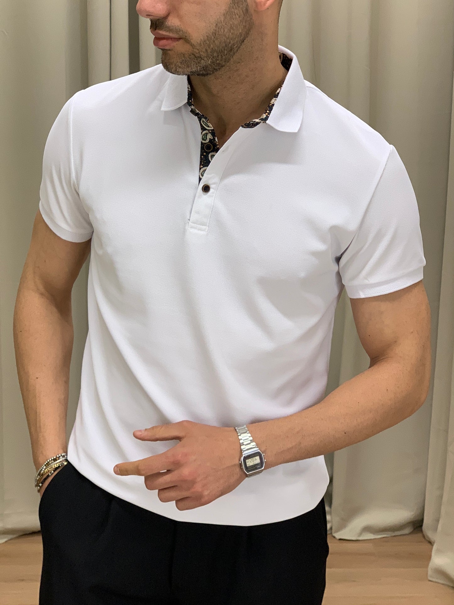 Polo Laurent effetto Piquet col. Bianco