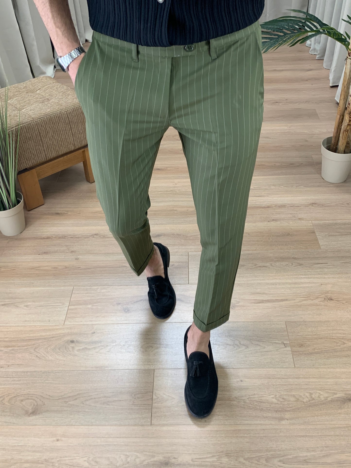 Pantalone Varsavia Gessato con risvolto col. Verde Militare