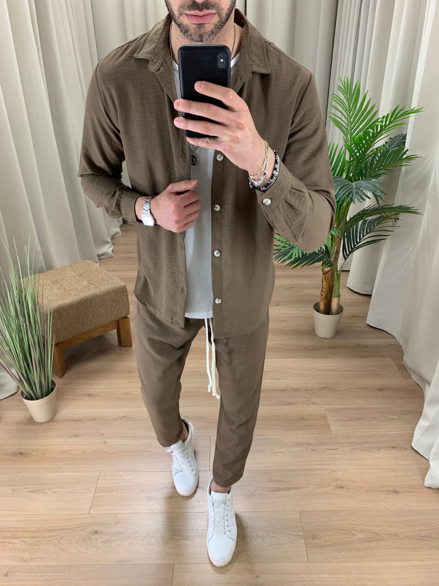 Completo 544 effetto Lino Pantalone + Camicia col. Tabacco