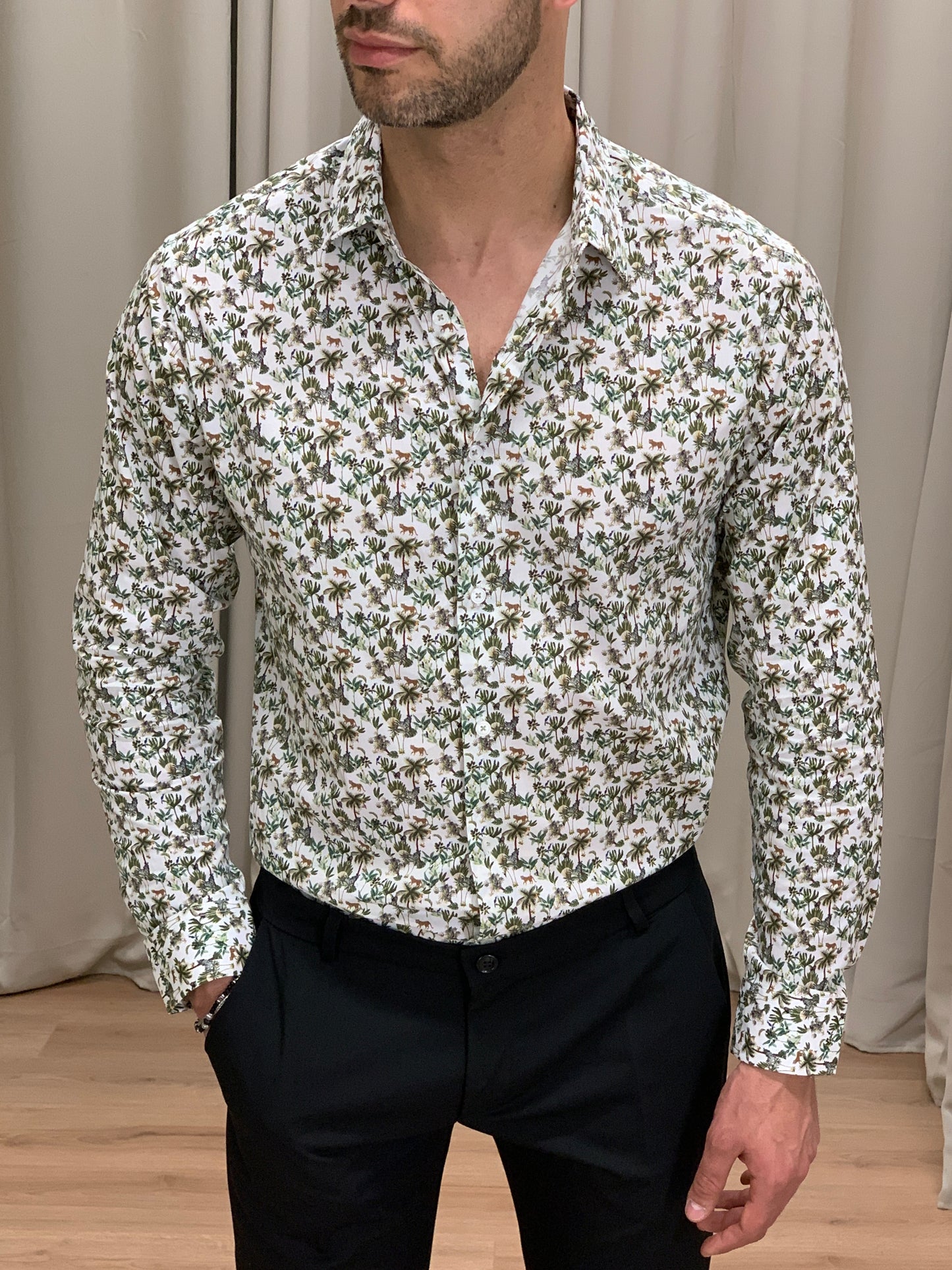 Camicia Green Jungle in Cotone con Fantasia col. Bianco