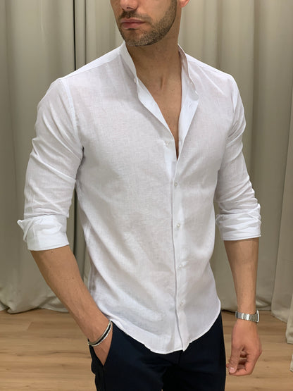 Camicia Santorini in Lino alla coreana col. Bianco