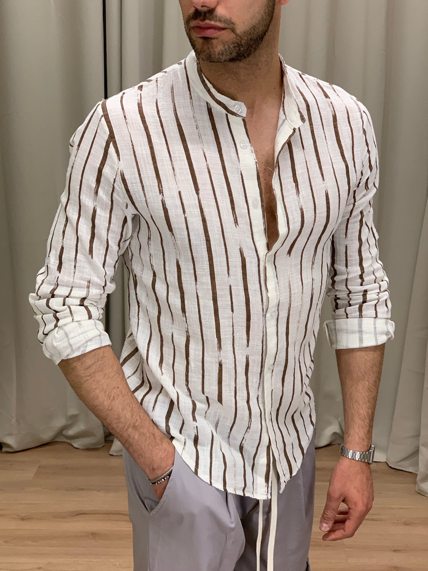 Camicia Anacapri effetto Lino a Righe col. Marrone