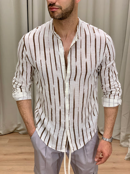 Camicia Anacapri effetto Lino a Righe col. Marrone