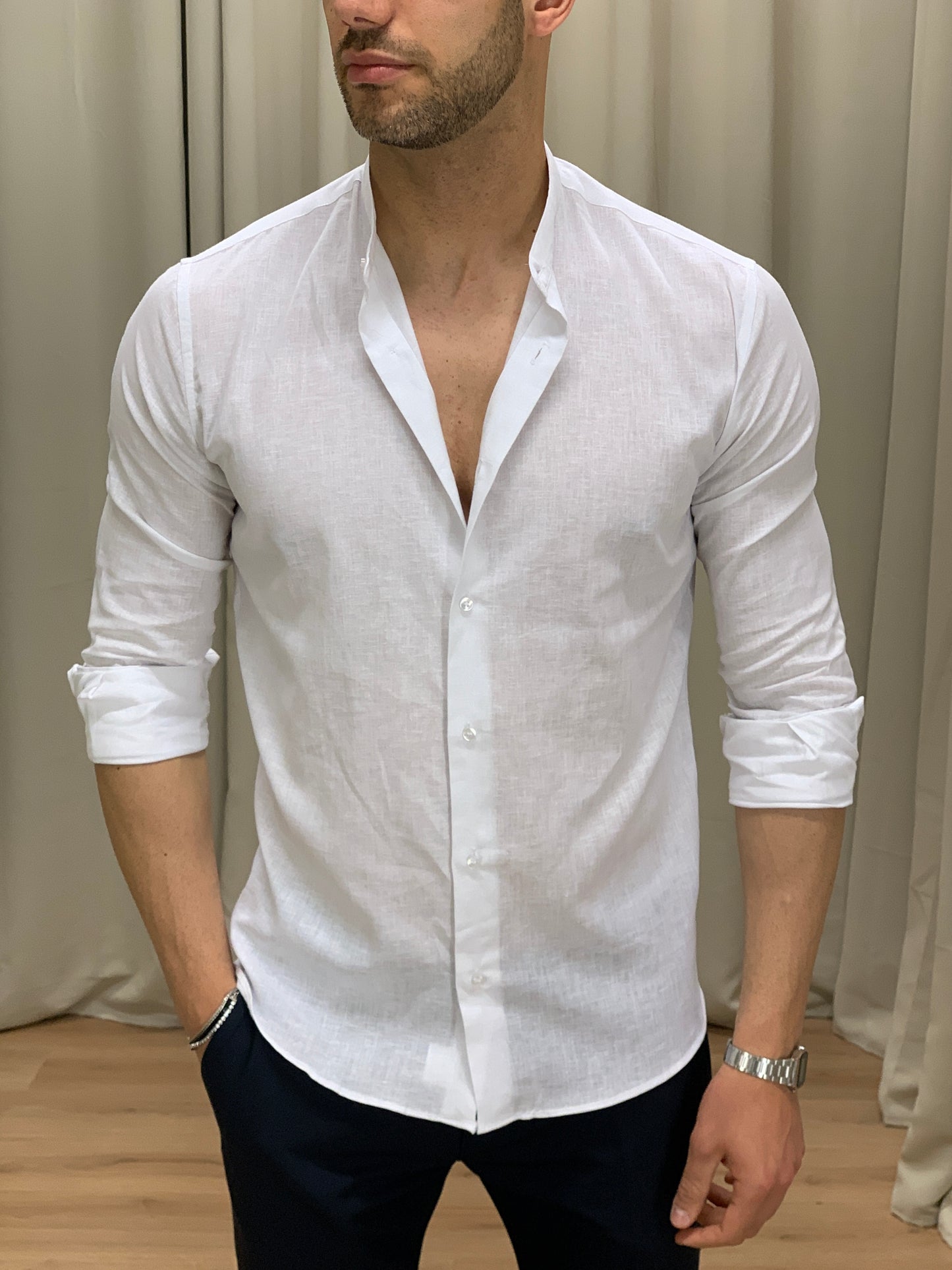 Camicia Santorini in Lino alla coreana col. Bianco