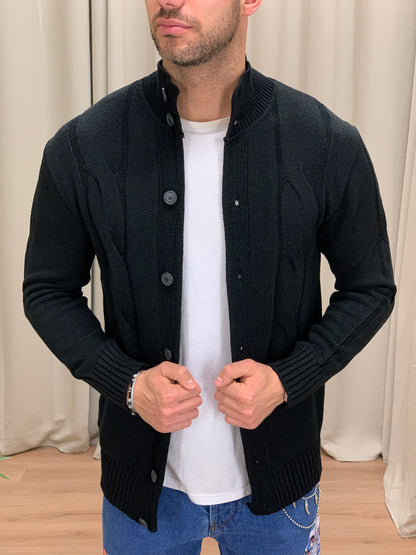 Giacca Cardigan in Maglia collo lupetto col. Nero