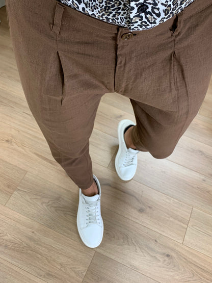 Pantalone Marracash in Lino con Pinces col. Tabacco