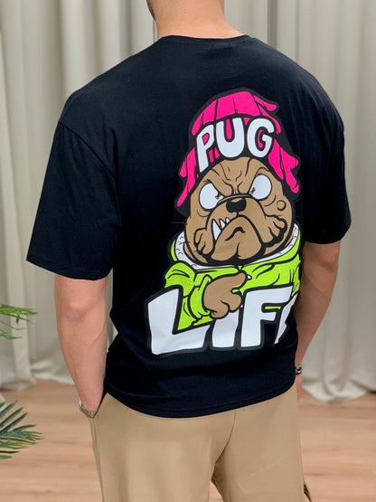 T-shirt Pug Life stampa sul retro col. Nero