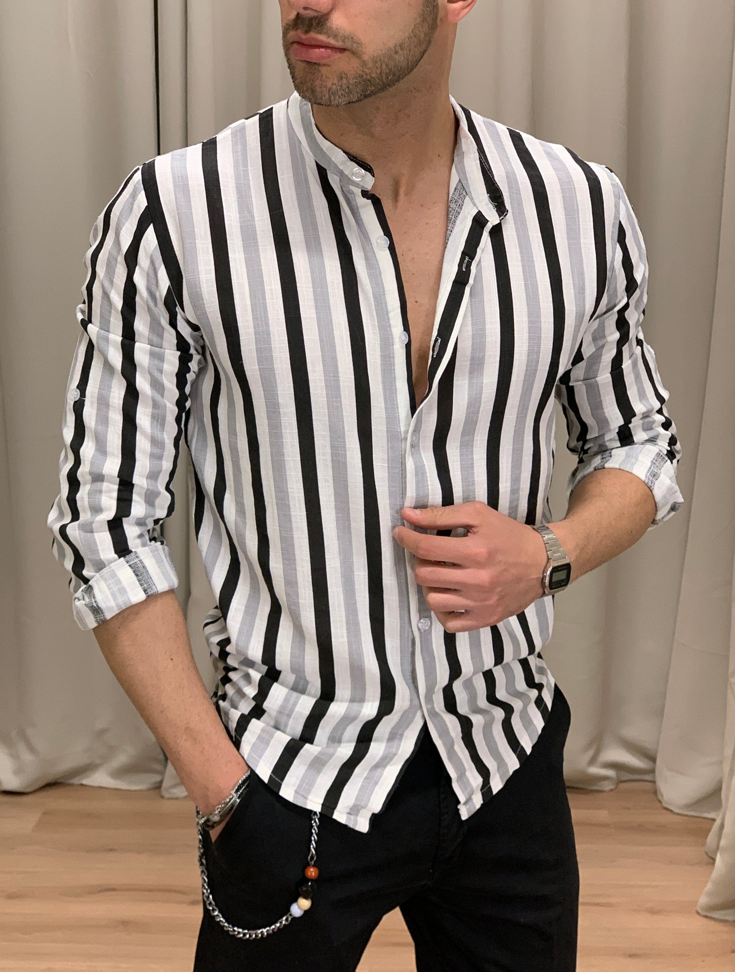 Camicia misto Lino a righe verticali col. Bianco