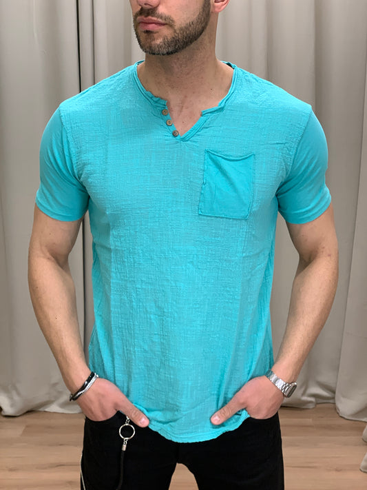 T-shirt Serafino effetto Lino con Taschino col. Verde Acqua