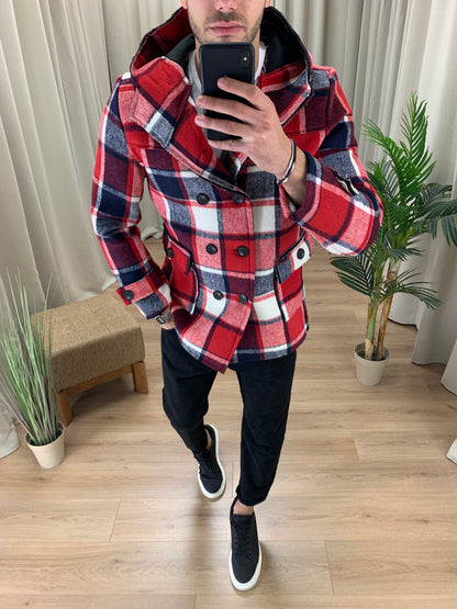 Cappotto doppiopetto in panno a Quadri col. Rosso