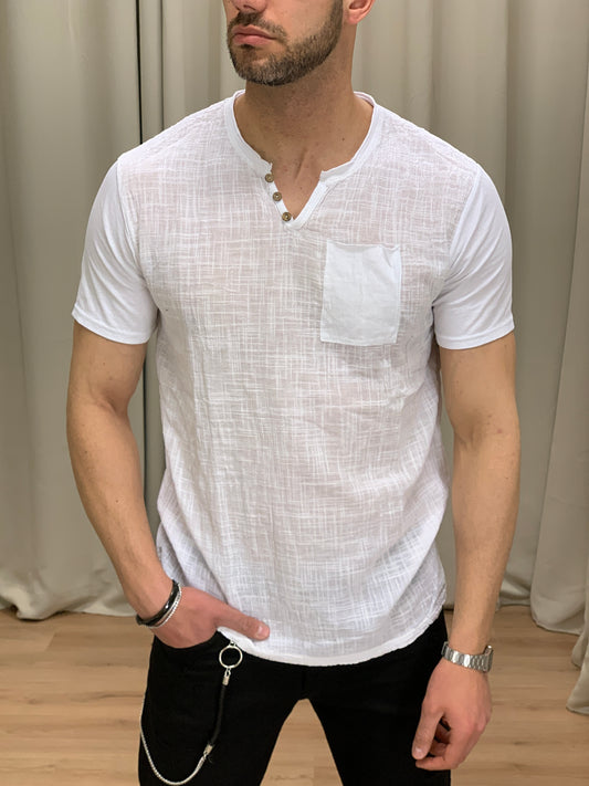 T-shirt Serafino effetto Lino con Taschino col. Bianco
